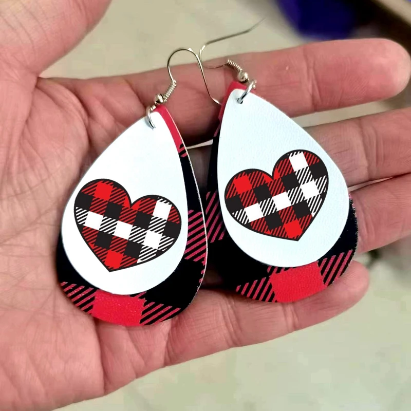 

Red Buffalo Plaid Heart Earrings For Valentine's Day Gift Two Layers Faux Leather Love Earrings