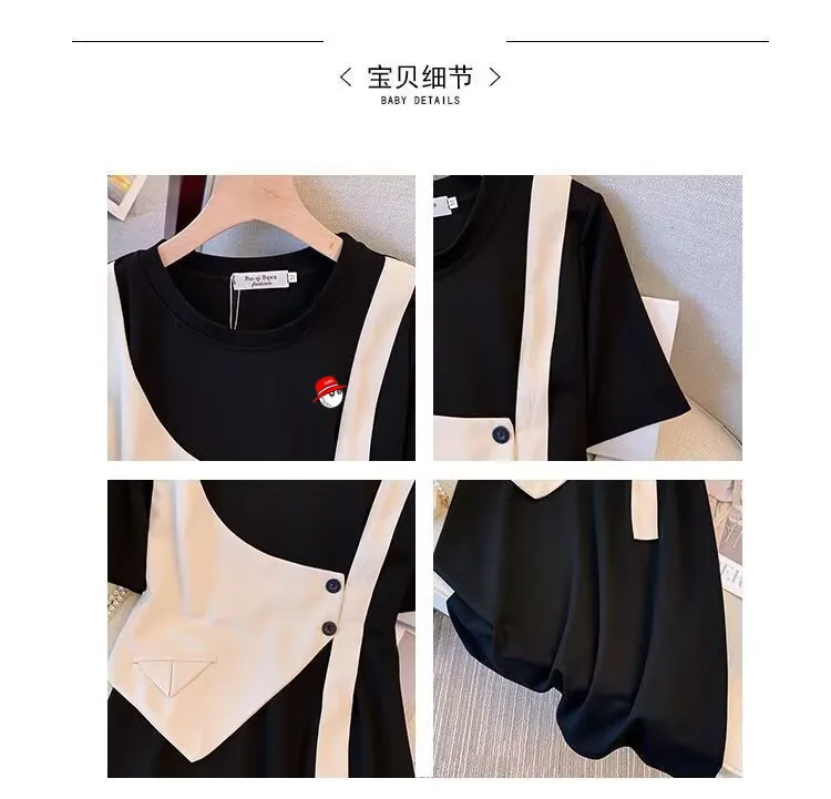 Embroidery Golf Clothes Women's Dress New 2023 Summer Women's Casual Belly Cover Show Thin Chic A-line Fake Two-piece Dress