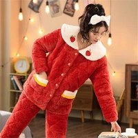 autumn and winter new all match casual cardigan cute sweet printing suit pajamas plus velvet thick thick warm pajamas