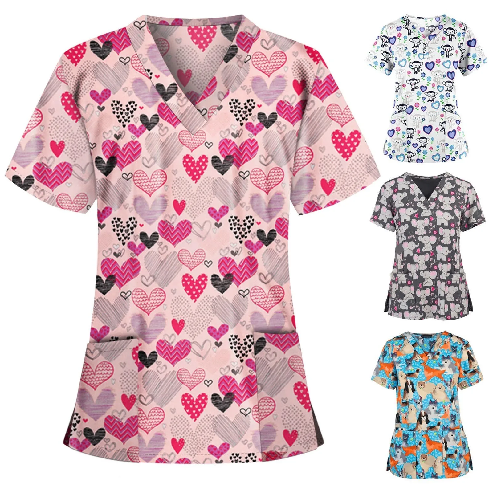 

Summer Blouses For Women Nursing Working Uniform Cartoon Pattern Tops T-shirts Short Sleeve V-neck Nurse Enfermeria Accesorios