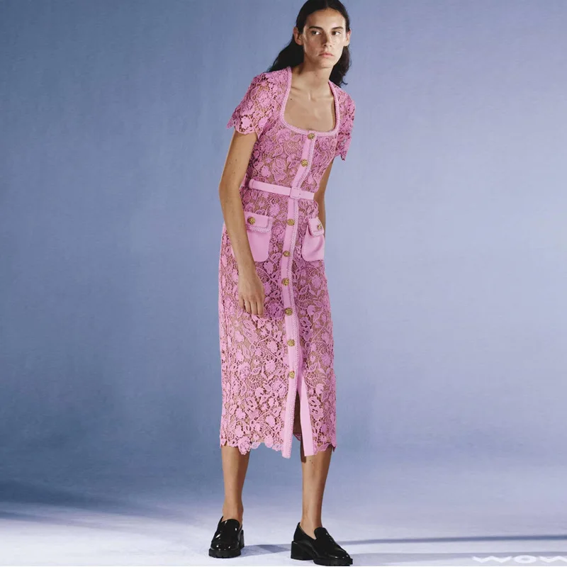 New In Dresses 2023 Summer Elegant Pink Hollow Out Lace Midi Dress for Women Runway Designer Short Sleeve Vestido Feminino
