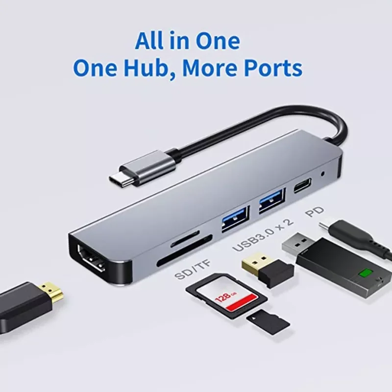 Концентратор USB C, расширение питания + 6 в 1 адаптер USB C концентратор 2 порта USB, кардридер TF/SD, порт USB C