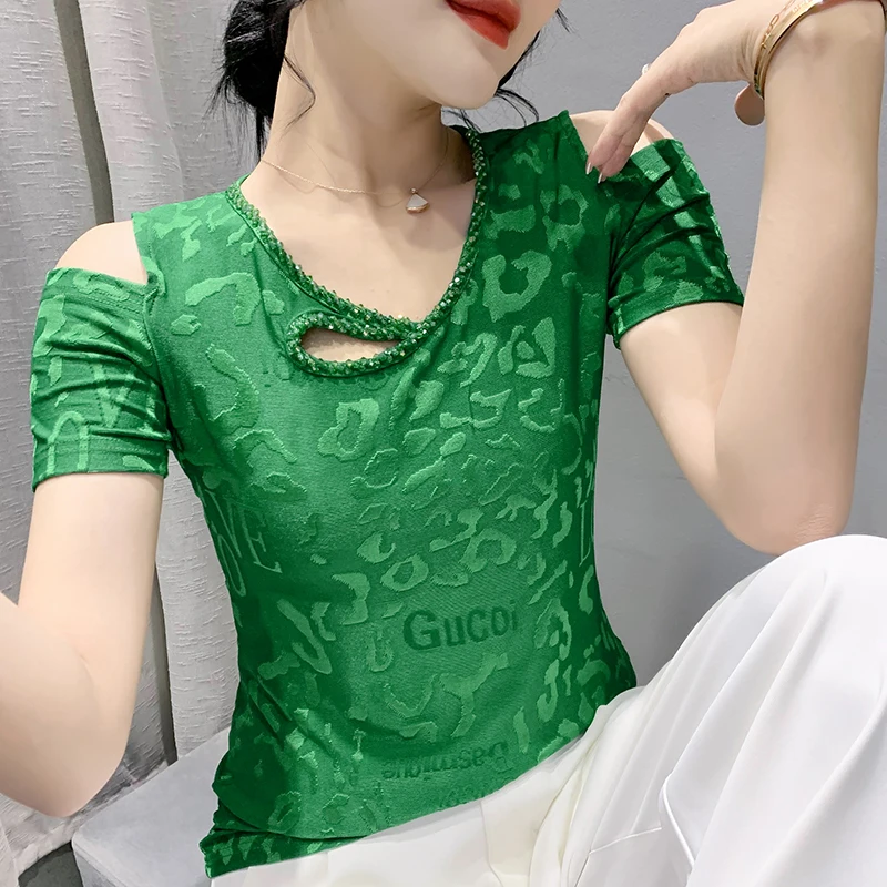 Женская эластичная жаккардовая футболка ажурный топ с коротким рукавом и