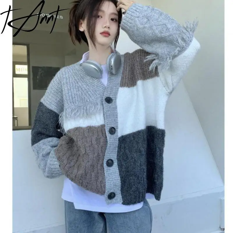 

Tannt Women Sweater Tassels Patchwork V-neck Color Matching Gray Knitting Cardigan Asymmetry Cardigan Sweater For Women 2023