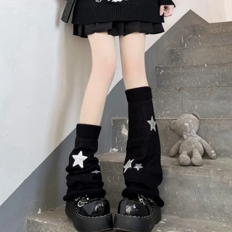 

2023 Harajuku Women Winter Leg Warmers Socks Japanese Y2k Girl Gothic Striped Stars Knitted Warmer Long Socks Punk Foot Cover