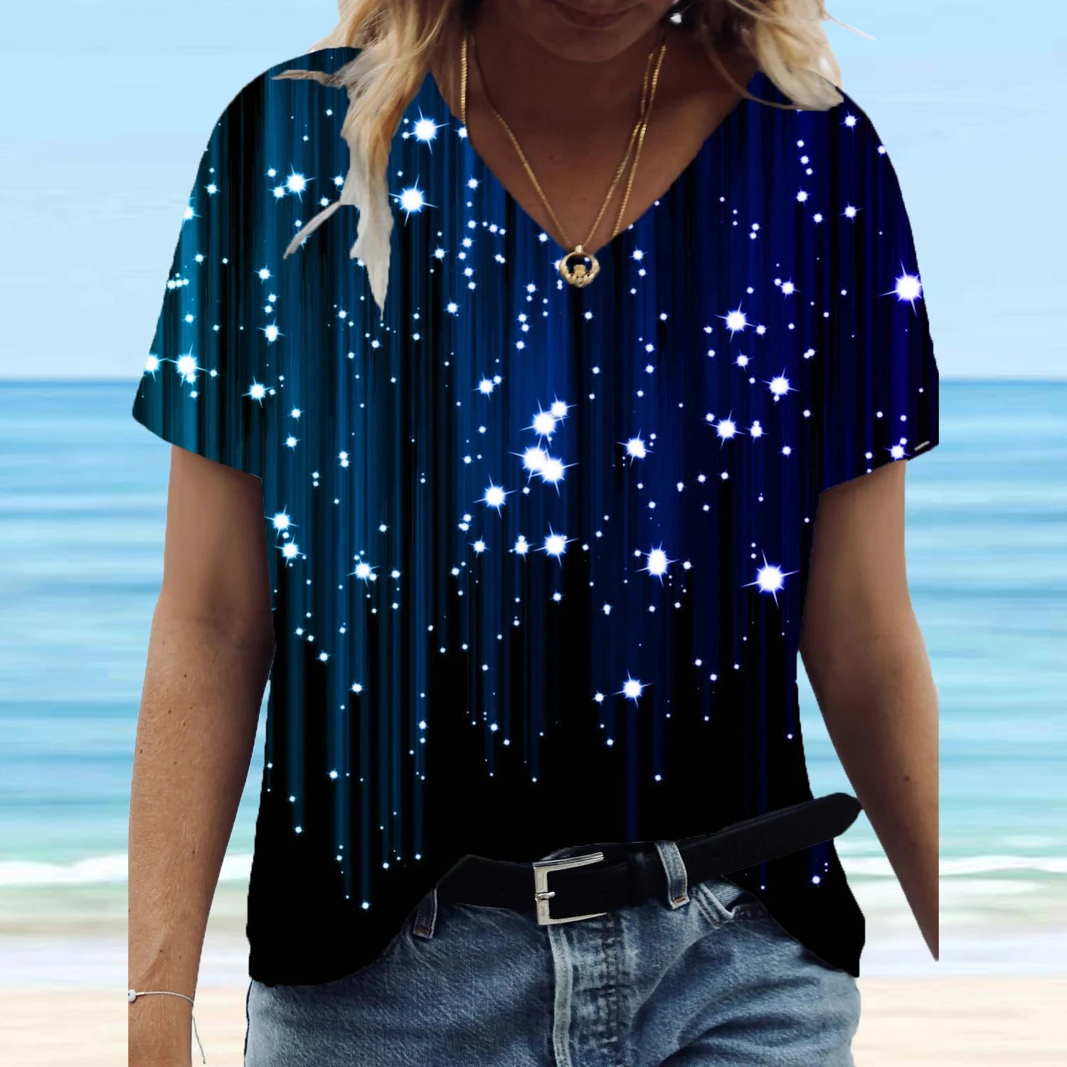 

2022 Fashion 3D Starry Sky Tie-dyed Print Tops Women Plus Size V Neck T-shirt Summer Casual Loose Short Sleeve Pulllover Clothes