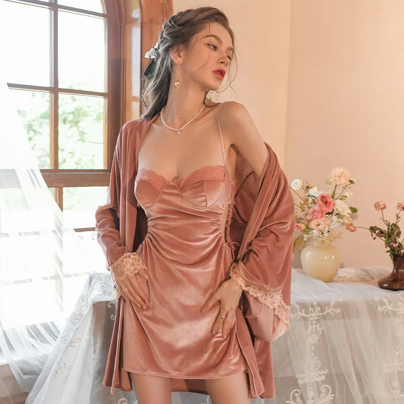 Fashion new French sexy gold velvet halter dress can be matched with luxury high-end outer robe sexy sleepwear  lingerie