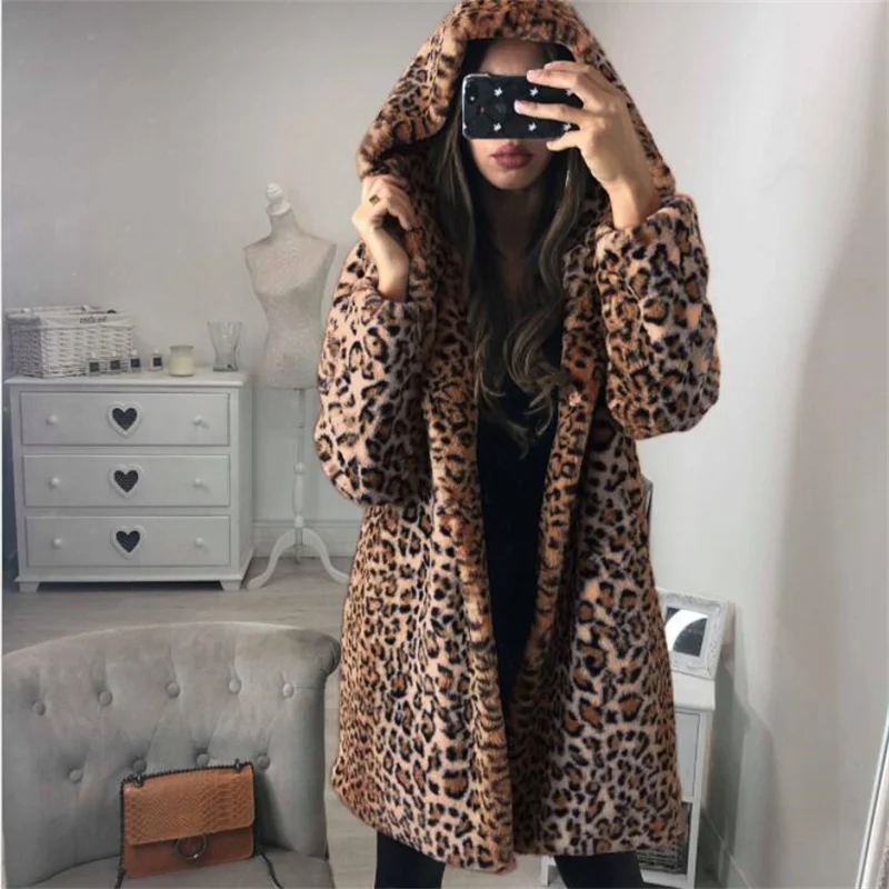 Leopard print faux fur leather jacket womens hood winter autumn warm Mid-length fur leather coat women loose jackets B336