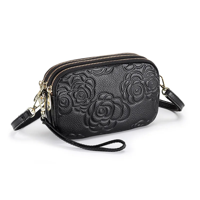 

Fashion Genuine Leather Women Crossbody Bag Small Floral Embossed Cow Leather Wristlet Clutch 3-Layer Zipper Purse Phone Bags
