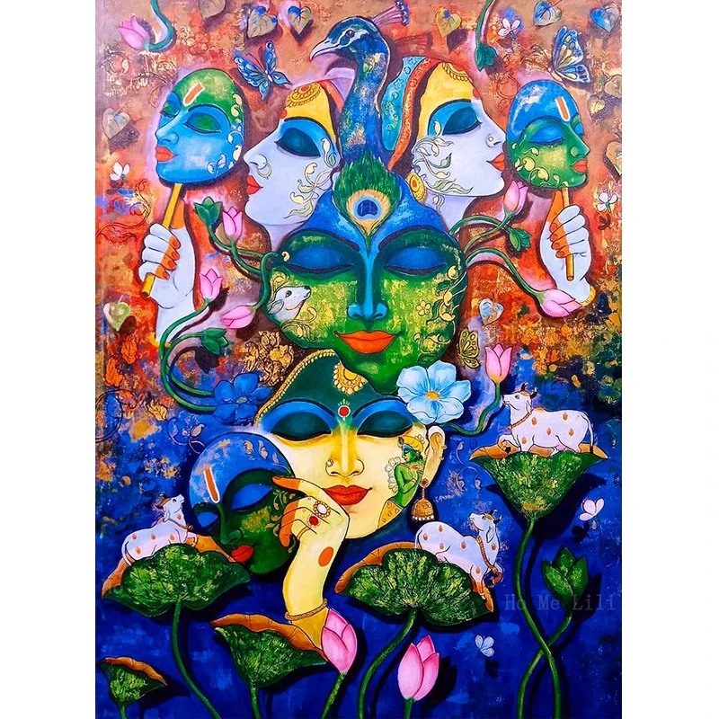 Снятие любви и выражение Маски Кришна Листья лотоса цветы выставляются цветущие