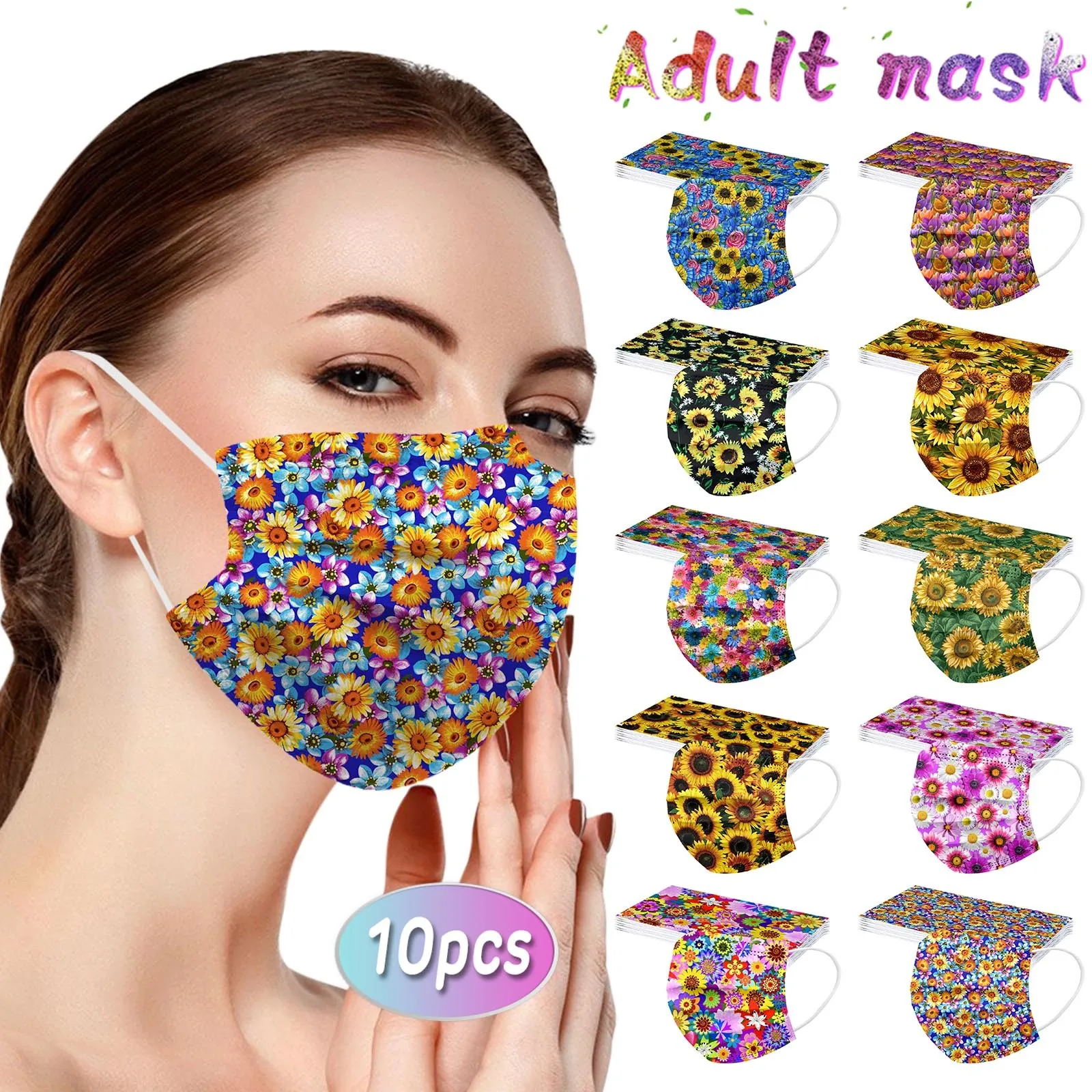 

10pc Adult SunFlowers Printing Disposable Masks Nonwove 3 Layer Dustproof Filter Anti-dust Pm2.5 Mask Party Decoration Facemask