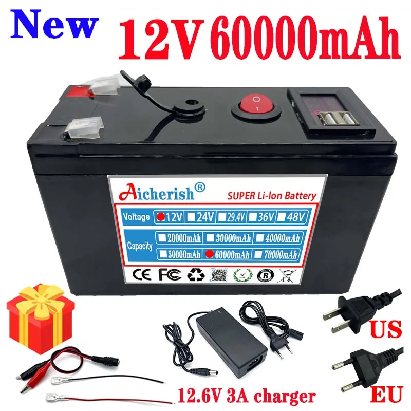 Aicherish Solar Panel Backup Power 12V 60Ah BMS 12.6V Charger For Xenon Lamp Lnverter Solar Street Light E-Bike Scooter Battery