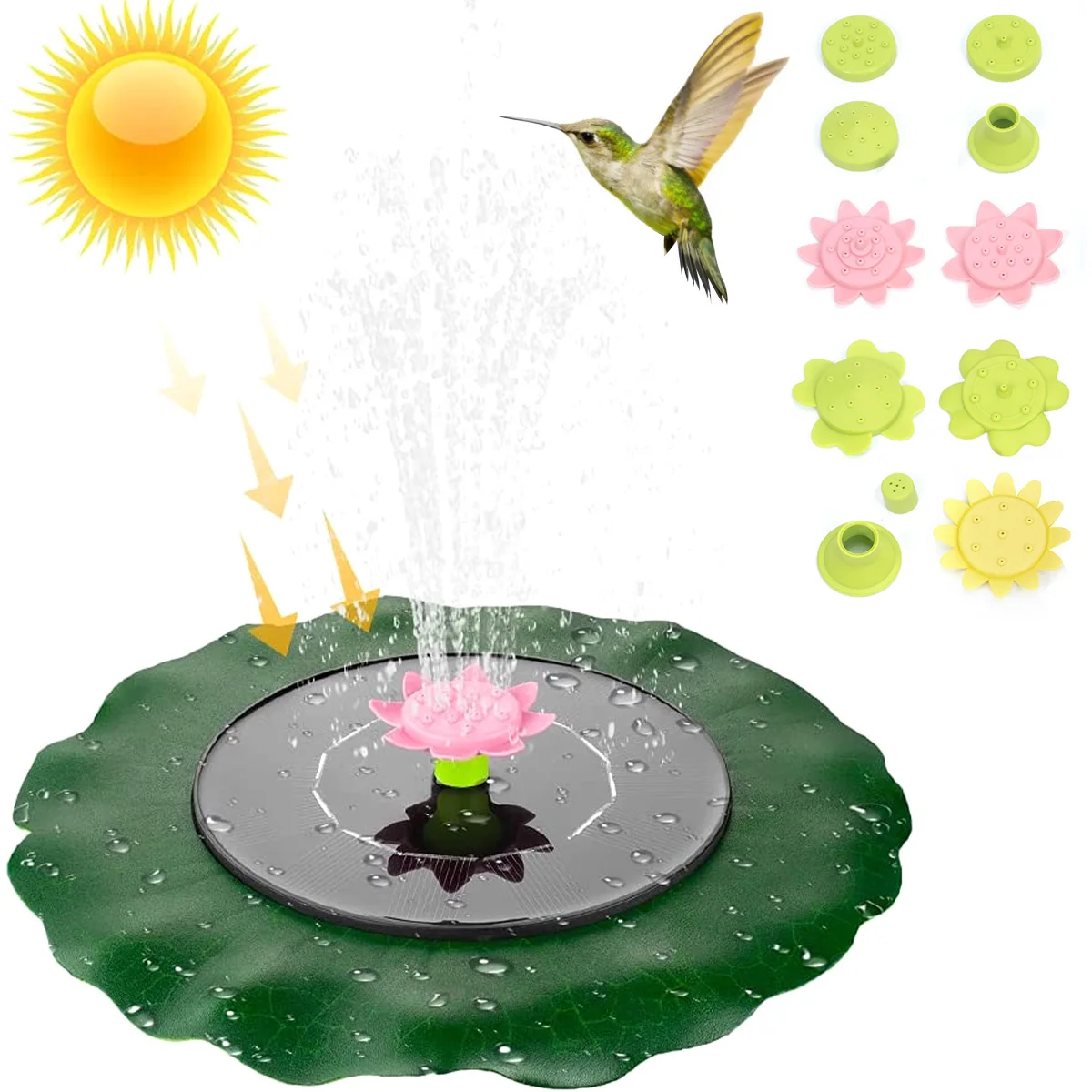

L Round Solar Fountain Pump 6V/1W Solar Powered Birdbath Fountain Pump with 11 Different Nozzles Lotus Leaf Garden Water Pump