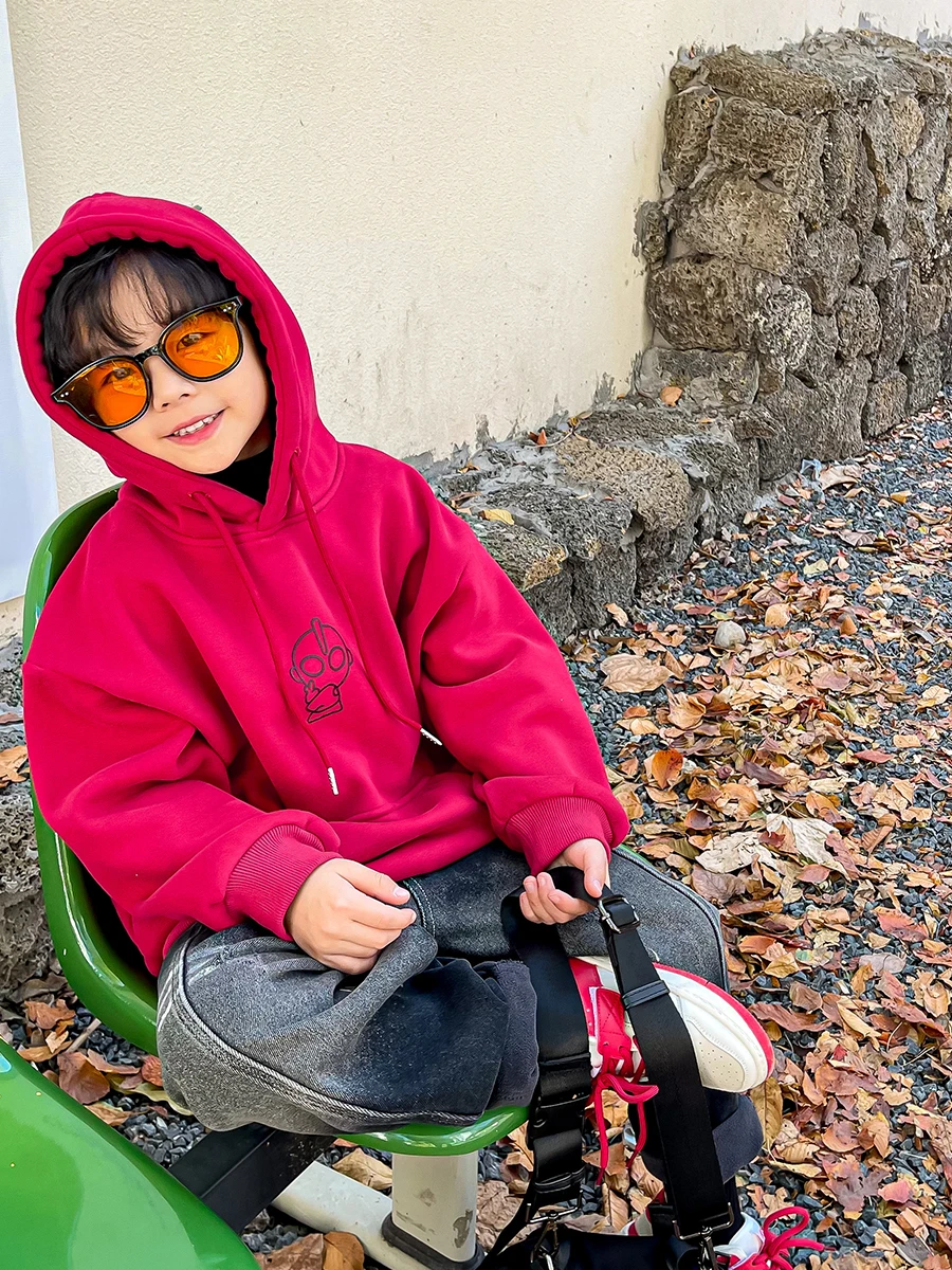 

Children's Clothing Boys' Velvet Padded Thickened Sweater Hooded Winter 2022 New Children's PulloverTop Children Winter Fashion