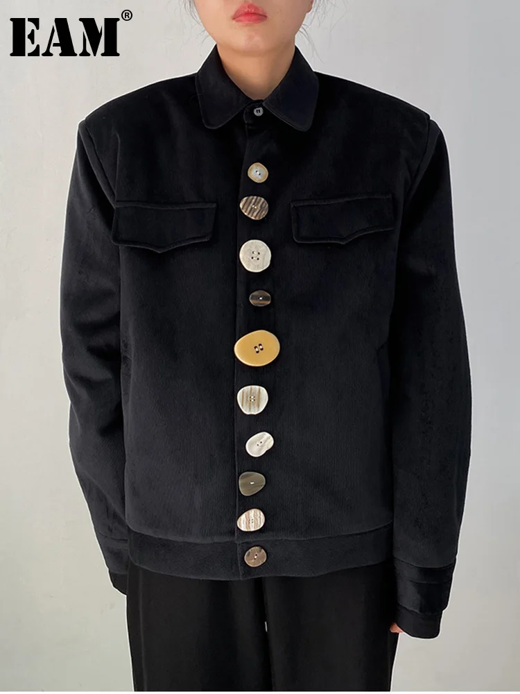 

[EAM] Black Corduroy Colorful Button Cotton-padded Jacket New Lapel Long Sleeve Women Coat Fashion Autumn Winter 2023 1DF3674