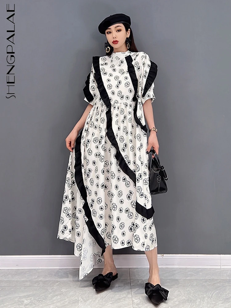 

SHENGPALAE Irregular Paint Dress For Women Loose Ruffles Short Sleeve Casual Chiffon Vestido 2023 Spring New Fashion Tide 5SD217