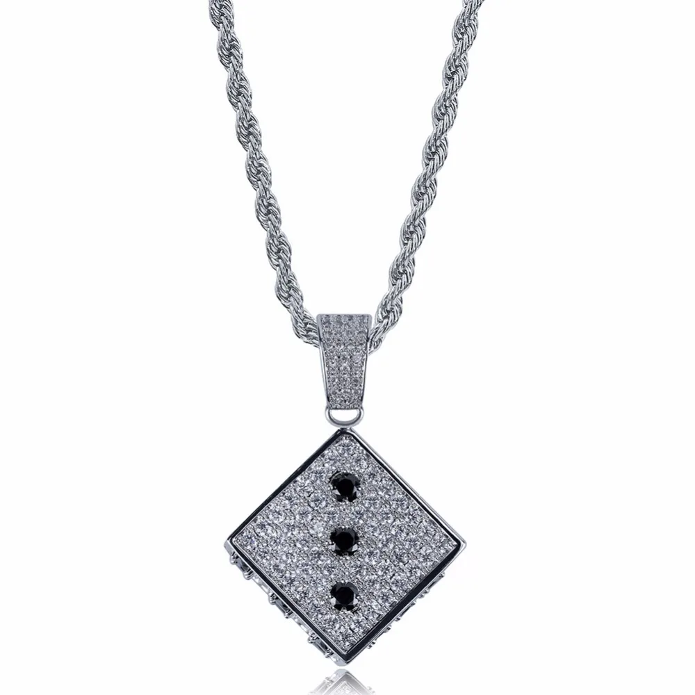 Full AAA+ Zircon Bling Ice Out Cartoon Lucky Dice Pendant Necklaces Gold Color Copper Men's Hip Hop Rapper Jewelry Drop Shipping