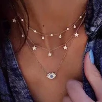sheshine multilayer necklace for women jewelry gift turkish eye pendant long chain choker party crystal star water drop necklace
