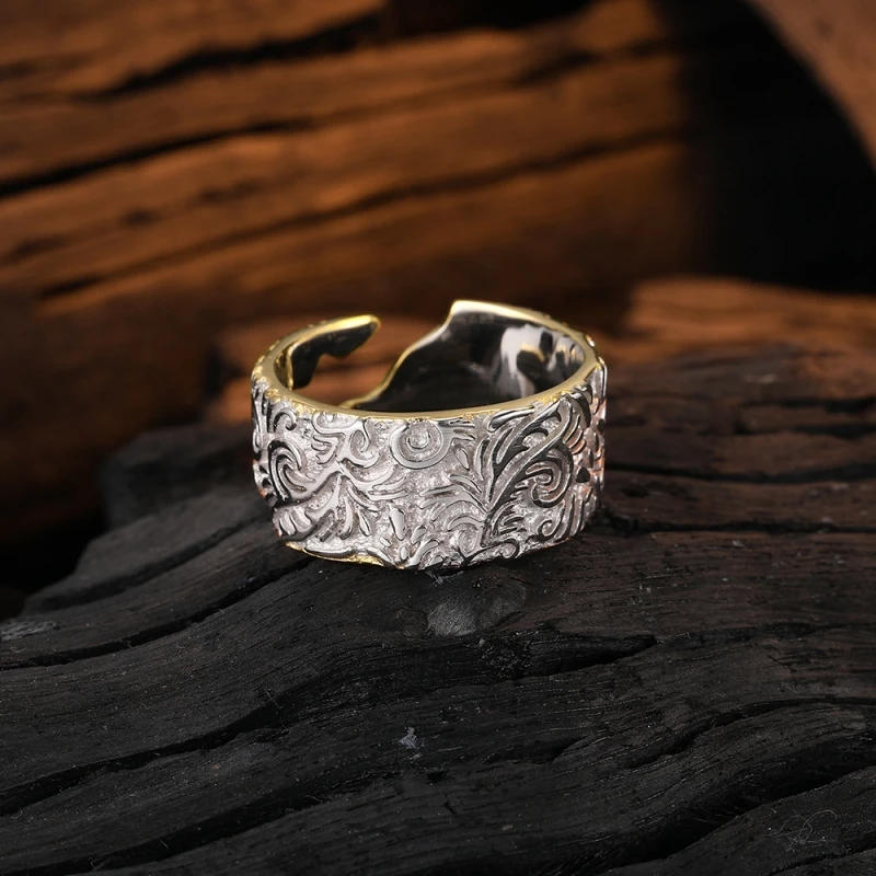 

Personalized Ins Original Style Opening S925 Sterling Silver Irregular Tang Grass Texture Contrast Color Ring