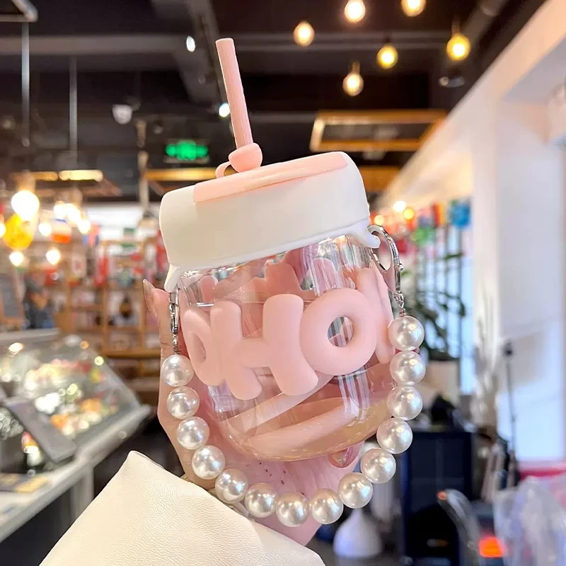 With Pearl Bracelet Portable Double Drinking Coffee Mug Straw Cups