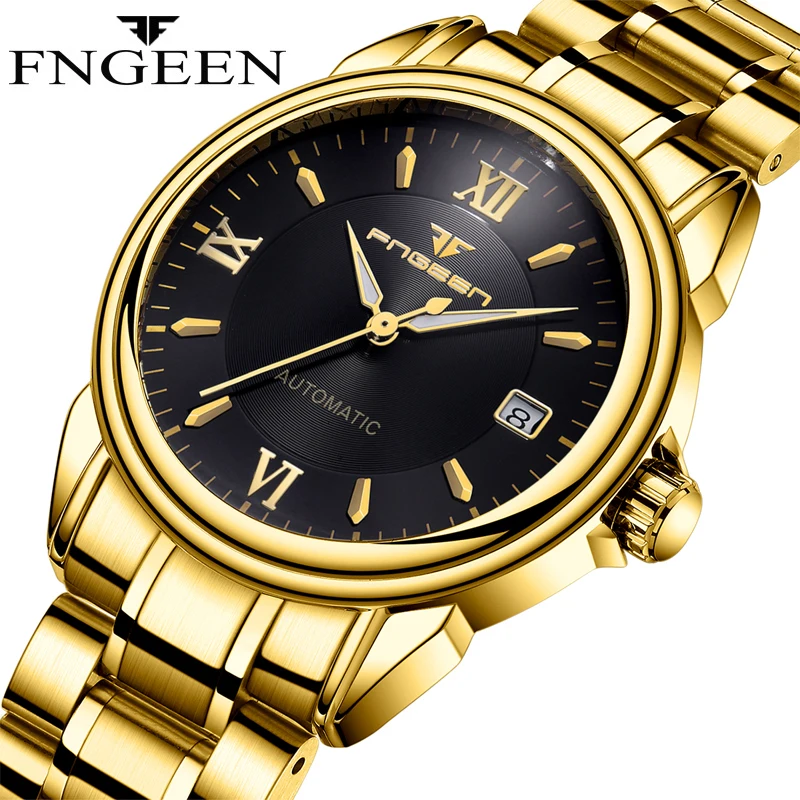 

FNGEEN New Fashion Stainless Steel Gold Mechanical Watch Date Automatic Self Wind Business Men's Watches Relogio Relojes