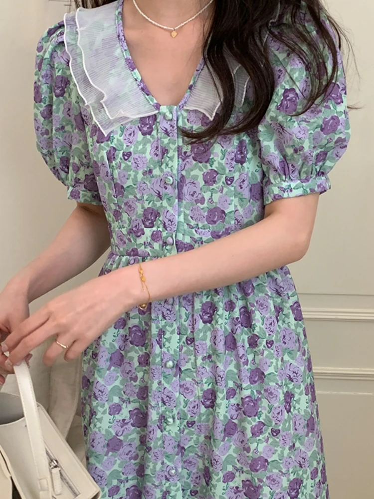 

Gaganight Women V neck Stitching Double layer Lace Dress 2022 Korean Chic Summer Elegant High waisted Puff Sleeve Floral Dresses