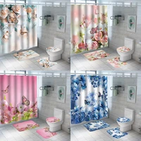 butterfly rose flower waterproof bathroom shower curtain set lily floral spring scenery non slip bath mats rug toilet cover home