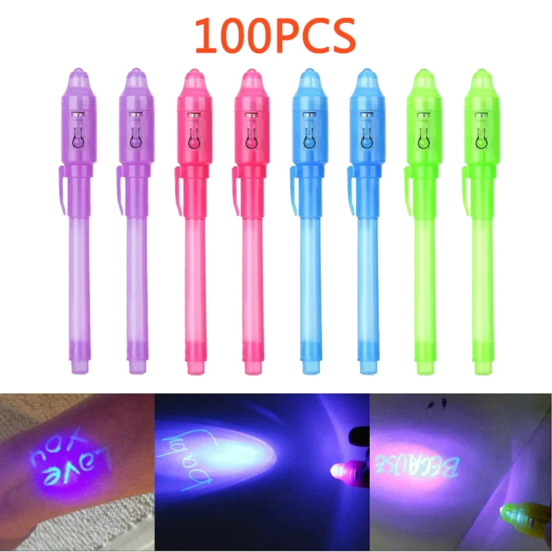 100pcs Luminous Light Pen Magic Purple 2 In 1 UV Black Light Combo Drawing Invisible Ink Pen Learning Education Toys For Child
