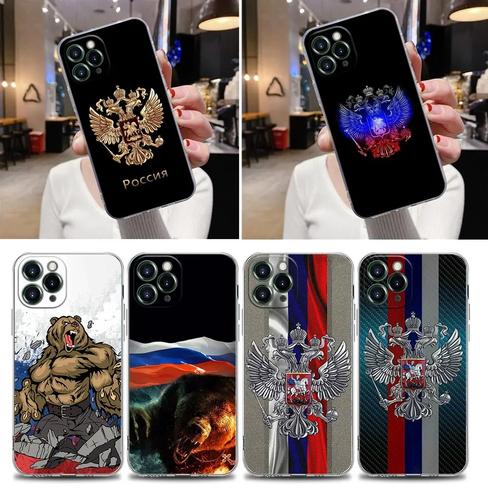 

Transparent Phone Case For Apple iPhone 12 11 13 Pro Max mini XS X XR 7 8 Plus SE 2020 Cases Cover Russia Russian Flags Emblem