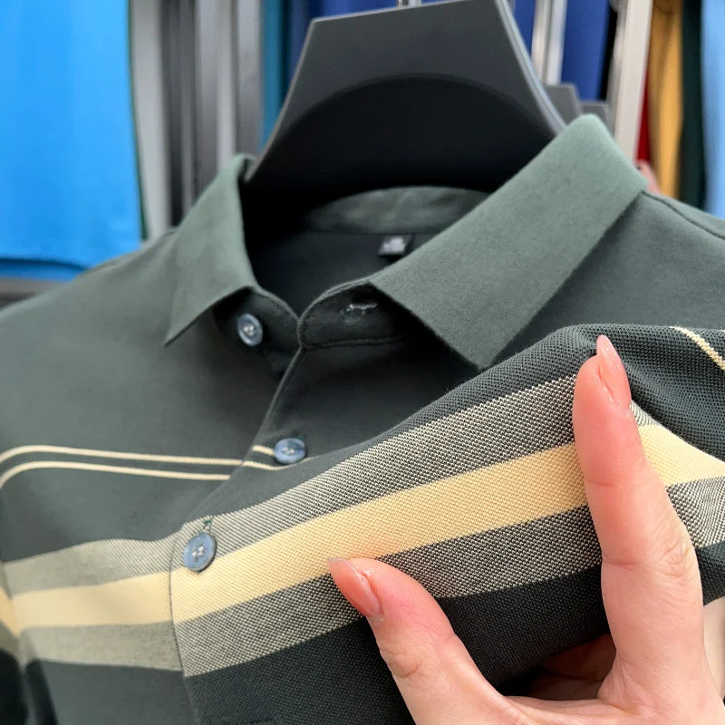 

Летняя версия, горизонтальные полосы, контрастные цвета, Элитный дизайн, деловые лацканы, Мужское поло, модная Повседневная тонкая Корейская фотография