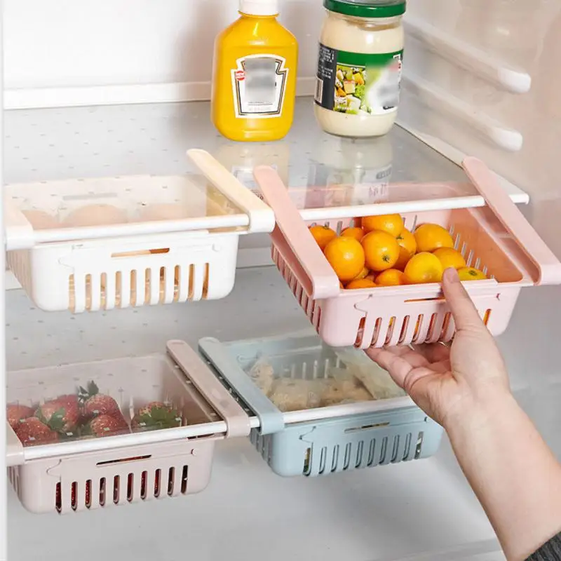 

Adjustable Kitchen Fridge Storage Rack Home Organizer Food Container Refrigerator Drawer Storage Boxes Rack Retractable Shelf