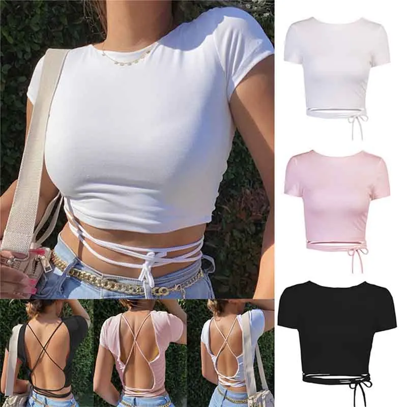 

2022 Summer New Women's Sexy Hollow Strappy Short-sleeved T-shirt Solid Color Temperament Short Casual Backless Top