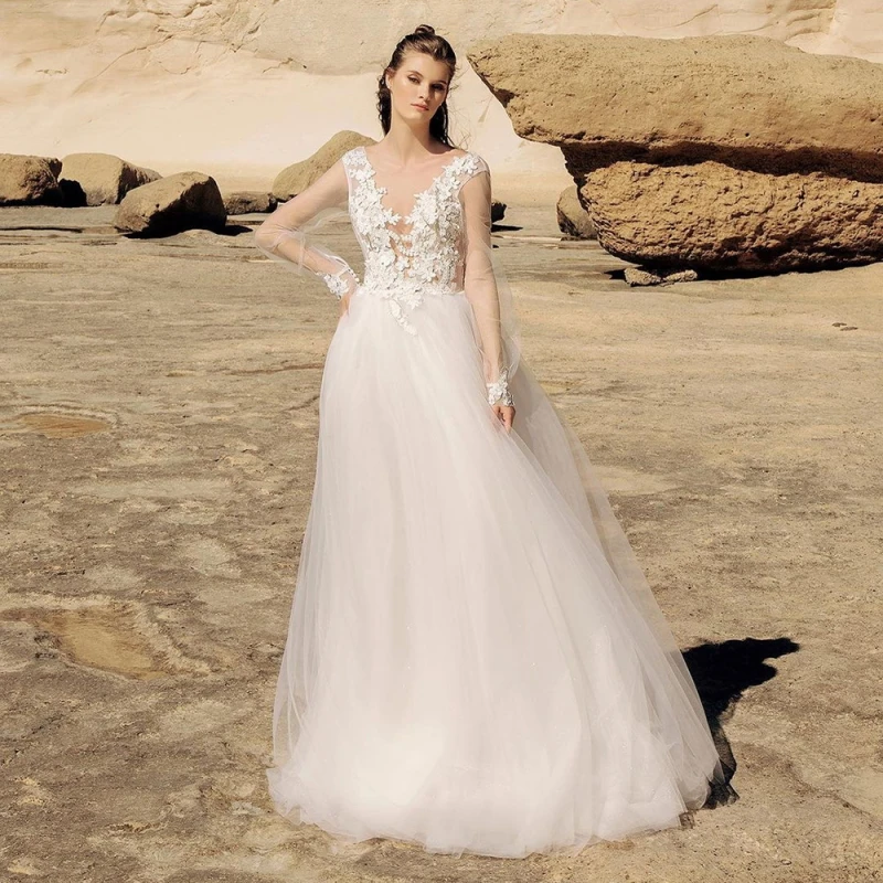 

Anna Beauty Beach Ivory Lace Wedding Dresses Illusion Long Sleeves Bridal Gowns Jewel Neck Backless Appliqued Tulle A-Line Floor