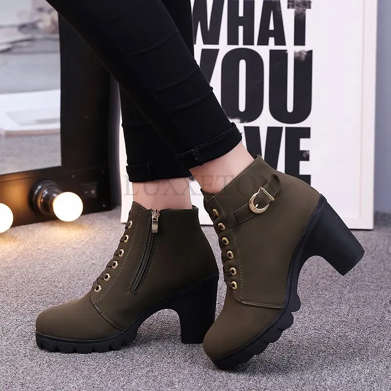 

Women Winter Low Barrel Snow Thick Leather Boots Pointed Head Lace Black Single Fashion New Style Square Heel 2022 Shoes