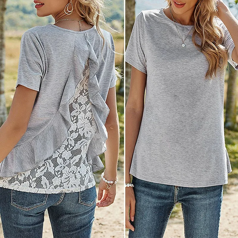 

Women's Summer Solid Color Pullover Loose Round Neck Lace Short Sleeve T-Shirt