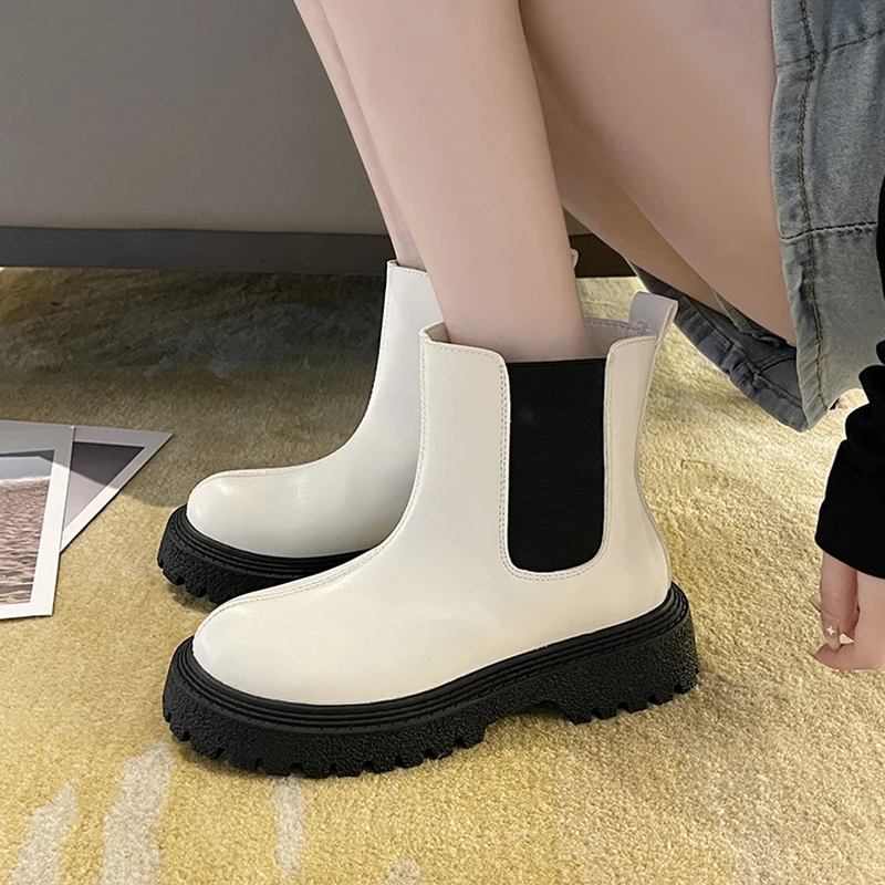 

Rimocy Comfortable Med Heels Chelsea Boots Women Autumn Non-Slip Platform Ankle Boots Woman Slip-On Pu Leather Booties Mujer