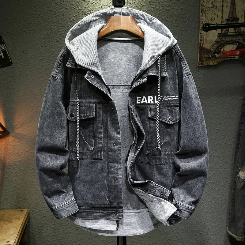 Джинсовая куртка с капюшоном для мужчин свободная клетчатая двухсекционная