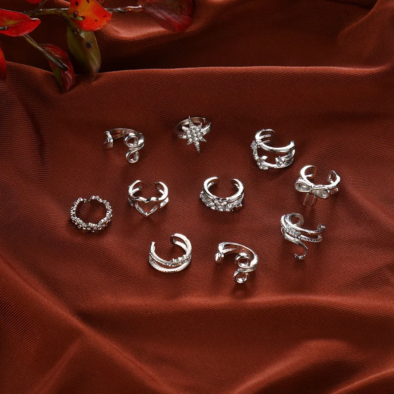 

New Love Bow Earrings Inlaid with Zircon Hexagram Star Earrings for Women French Style 10 Pieces