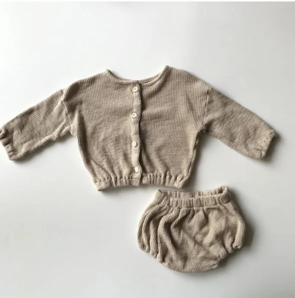 

2023 Spring and Autumn Children's Knit Cardigan Top Pp Shorts Casual Two-Piece Neutral