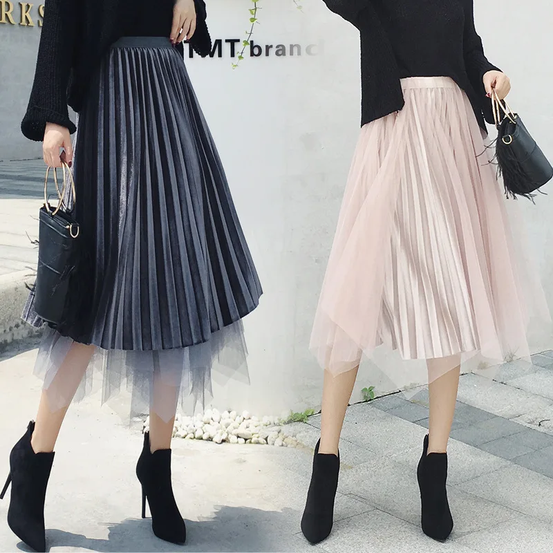 Tulle Skirts Women Vintage Long Velvet Skirt Female High Waist Pleated Skirts Ladies Patchwork Maxi Skirts