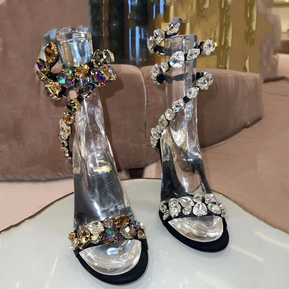 New Women's Banquet Stiletto High-Heel Sexy Snake Wrap Strap Mixed Colors Crystal Ankle Wrap Strap Sandals Round Toe Shoes