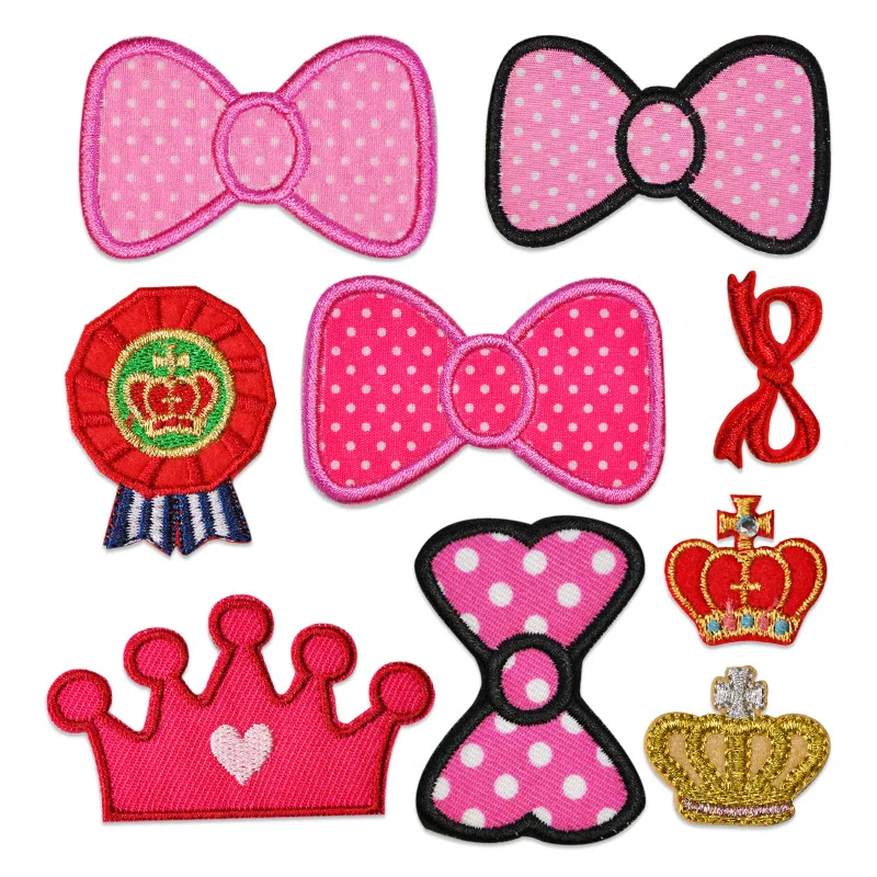 

100pcs/Lot Luxury Embroidery Patch Pink Bow Gold Crown Glasses Mirror Bag T-shirt Clothing Decoration Craft Diy Applique
