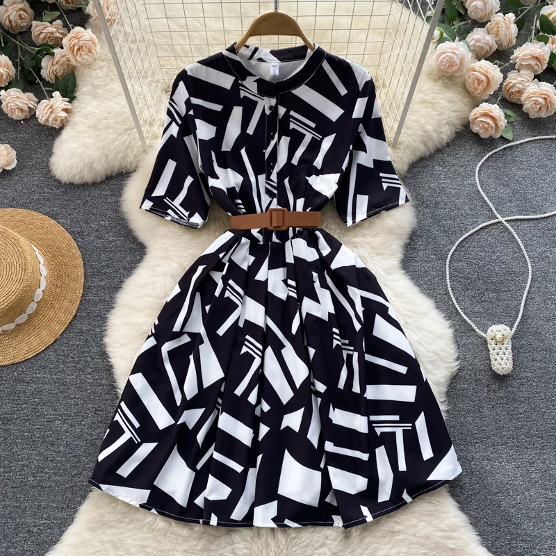 

SuperAen Stand Printing Short Sleeve A Line Dress Women's Summer 2022 New Lace Up Waist Big Swing Medium Length