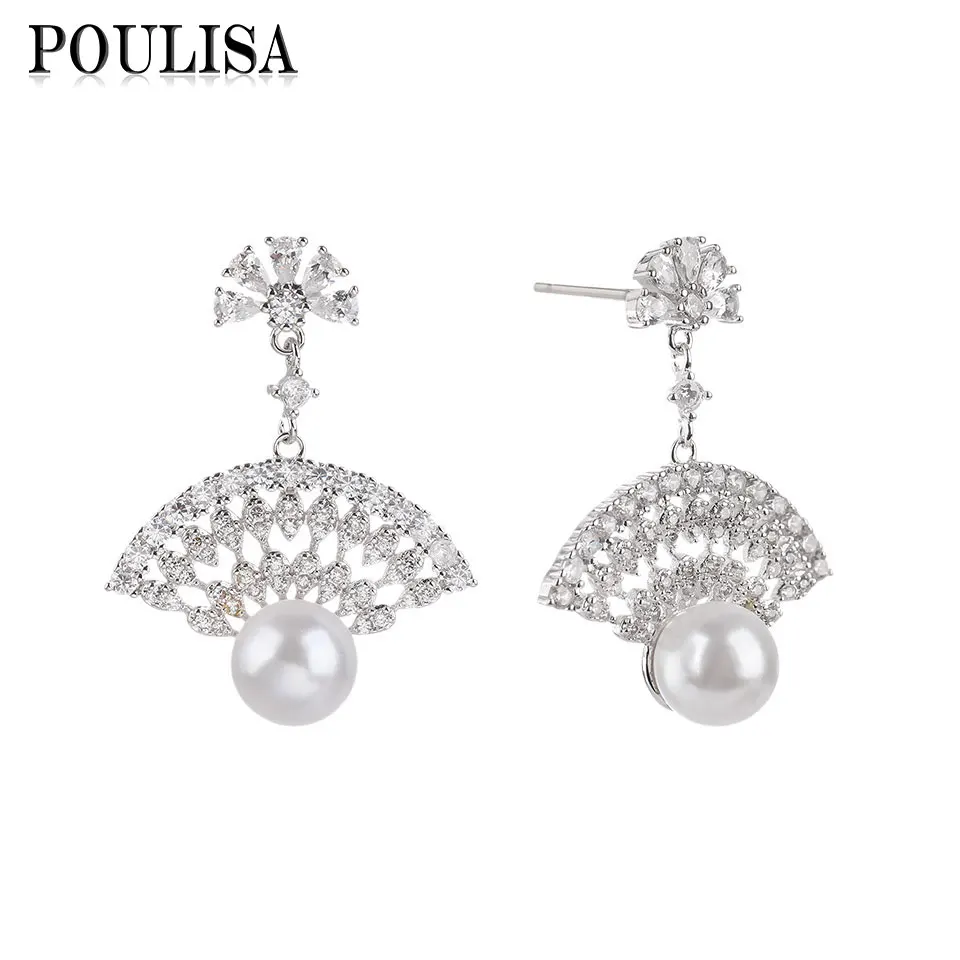 

Poulisa Luxury Pearl Earrings for Women Anniversary Gift Elegant Cubic Zirconia Fan Type Drop Earrings Weddings Fashion Jewelry