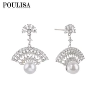 poulisa luxury pearl earrings for women anniversary gift elegant cubic zirconia fan type drop earrings weddings fashion jewelry