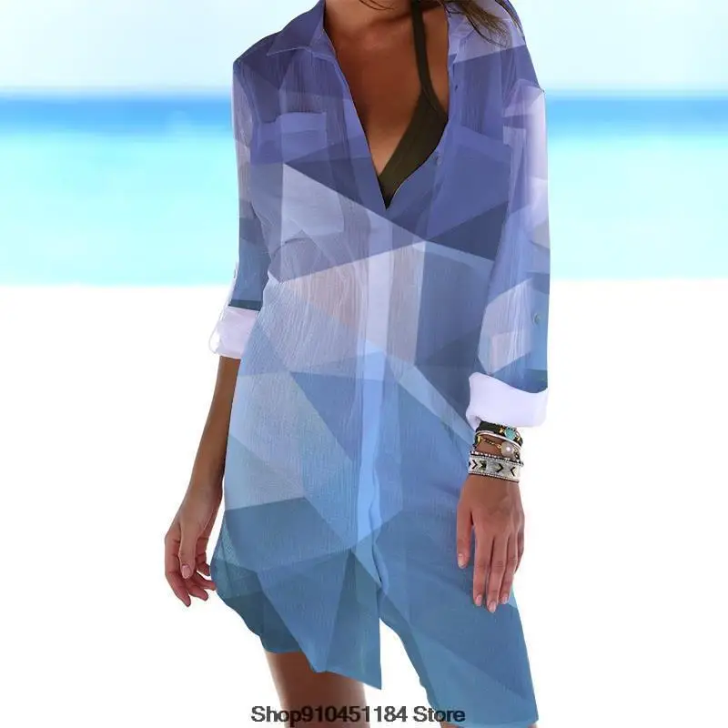 

Летняя новая модная Повседневная рубашка с 3D принтом в богемном стиле, пляжный кардиган, защитная блузка со складками и карманами