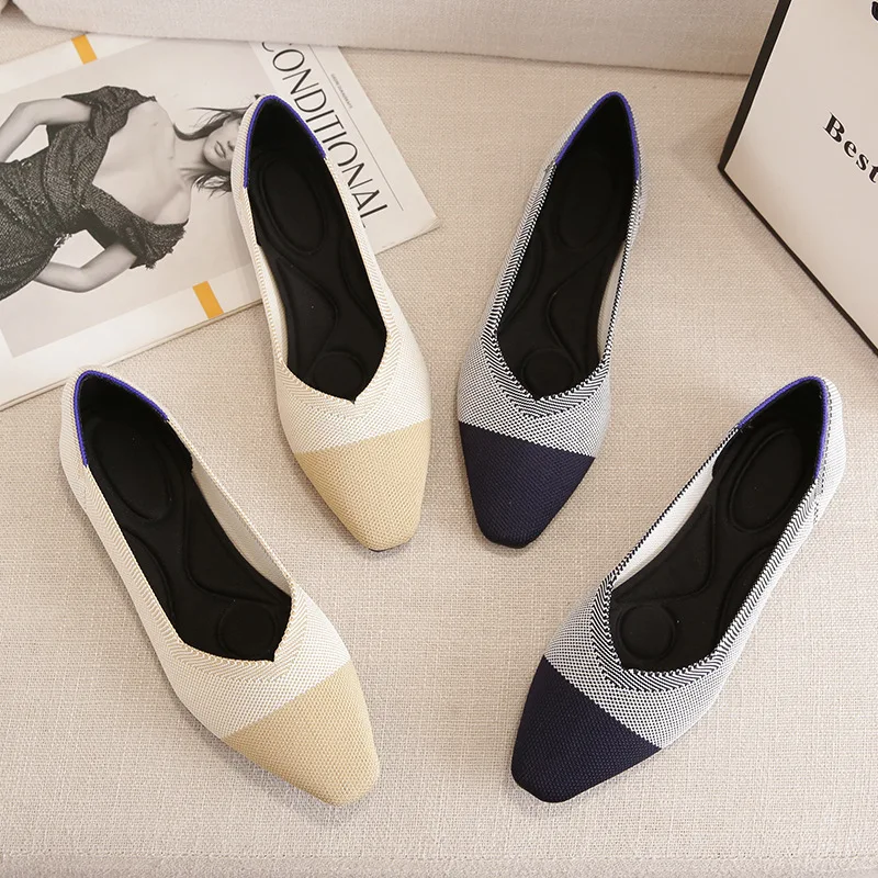 Women's Square Toe Mixed Color Flats Knitting Elastic Comfortable Ballet Shoes Women's Flat Breathable Spring Autumn Single Shoe