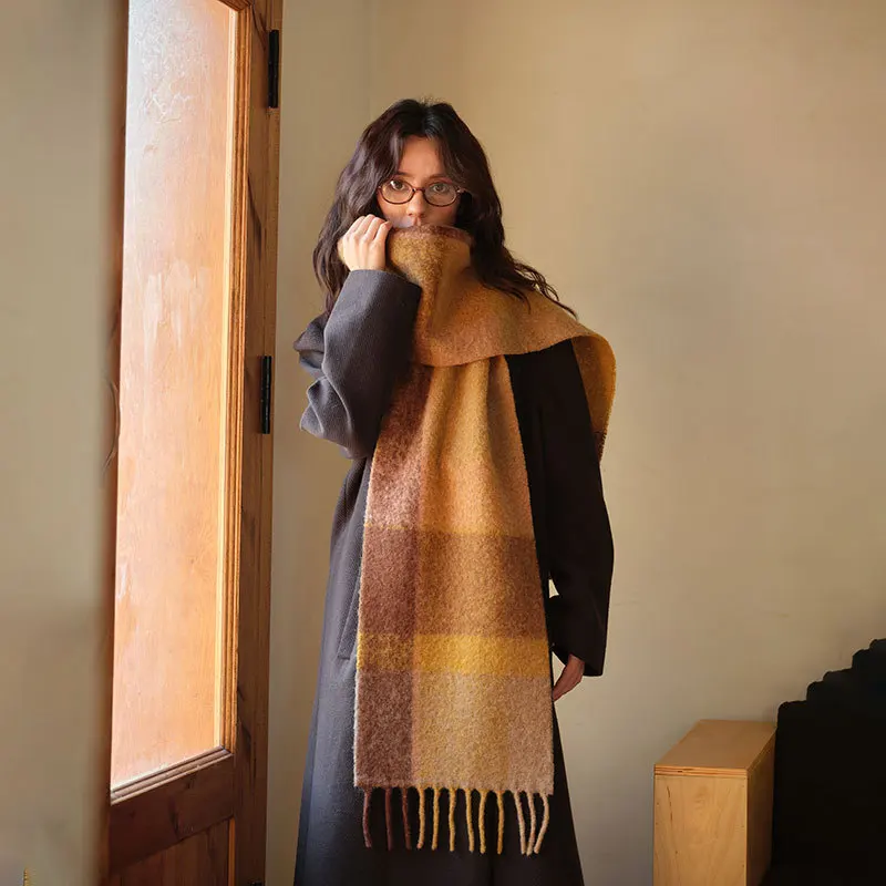 Коричневый клетчатый шарф из 80% шерсти для женщин зимний винтажный контрастный