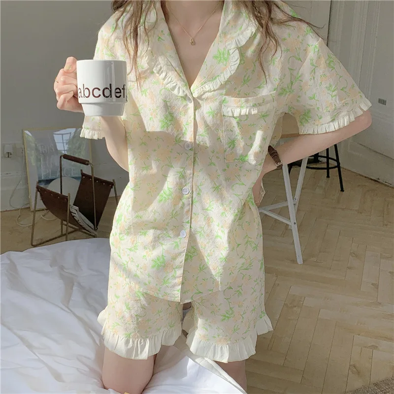 Palace Style Pajamas for Women Ruffled Stitching Single-breasted Short-sleeved Cardigan Floral Shorts Loungewear Pijamas Sets