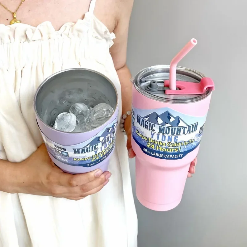 Автомобильная чашка 30 унций/900 мл кофейная с соломинкой для льда из нержавеющей